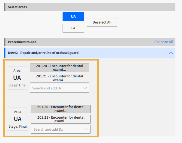 Select areas with a yellow highlight box around UA Stage diagnosis selections.